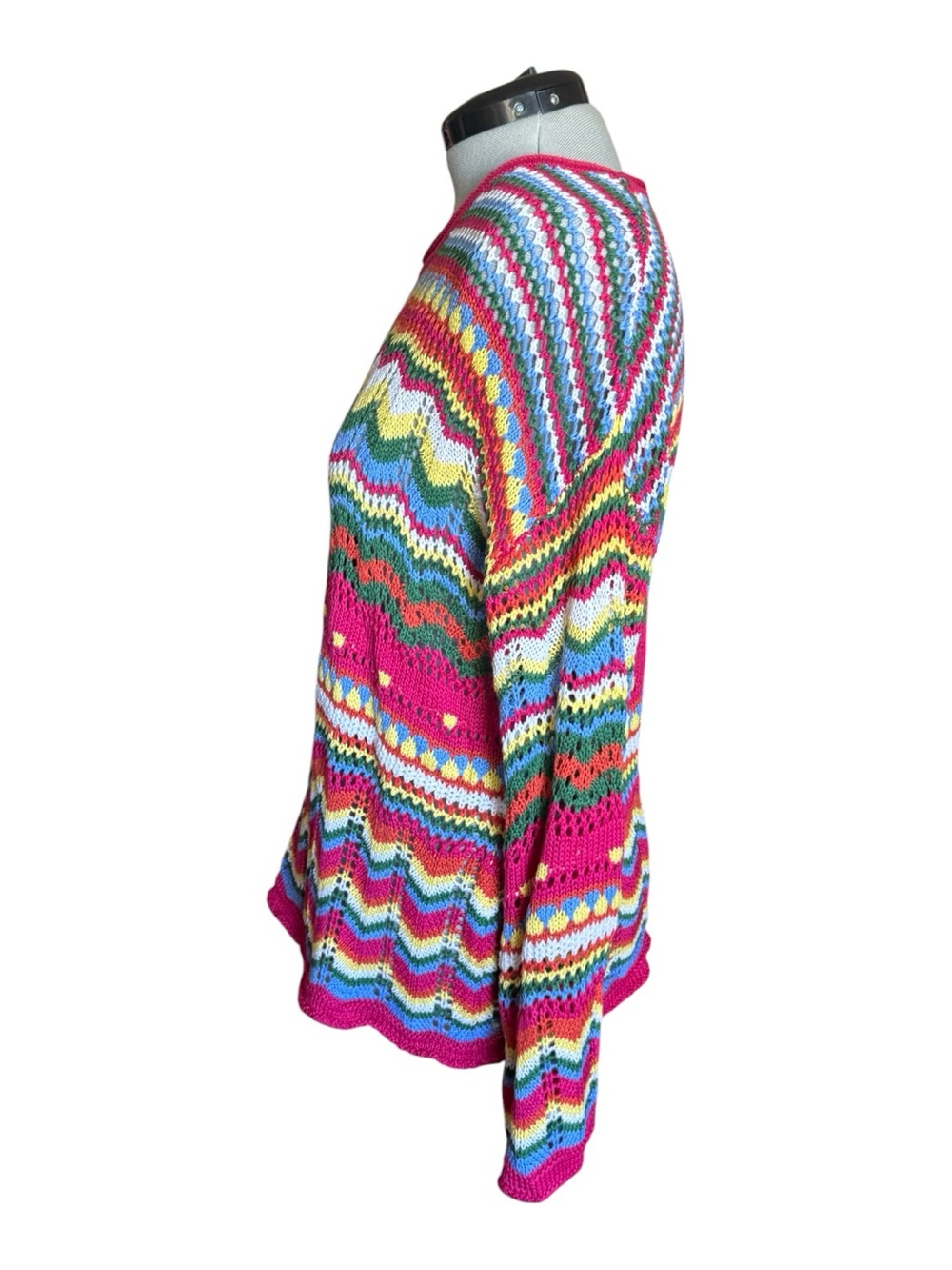 Crochet Knit Bell-Sleeve Sweater - Pink Chevron & Rainbow - Oversized - Picture 7 of 10